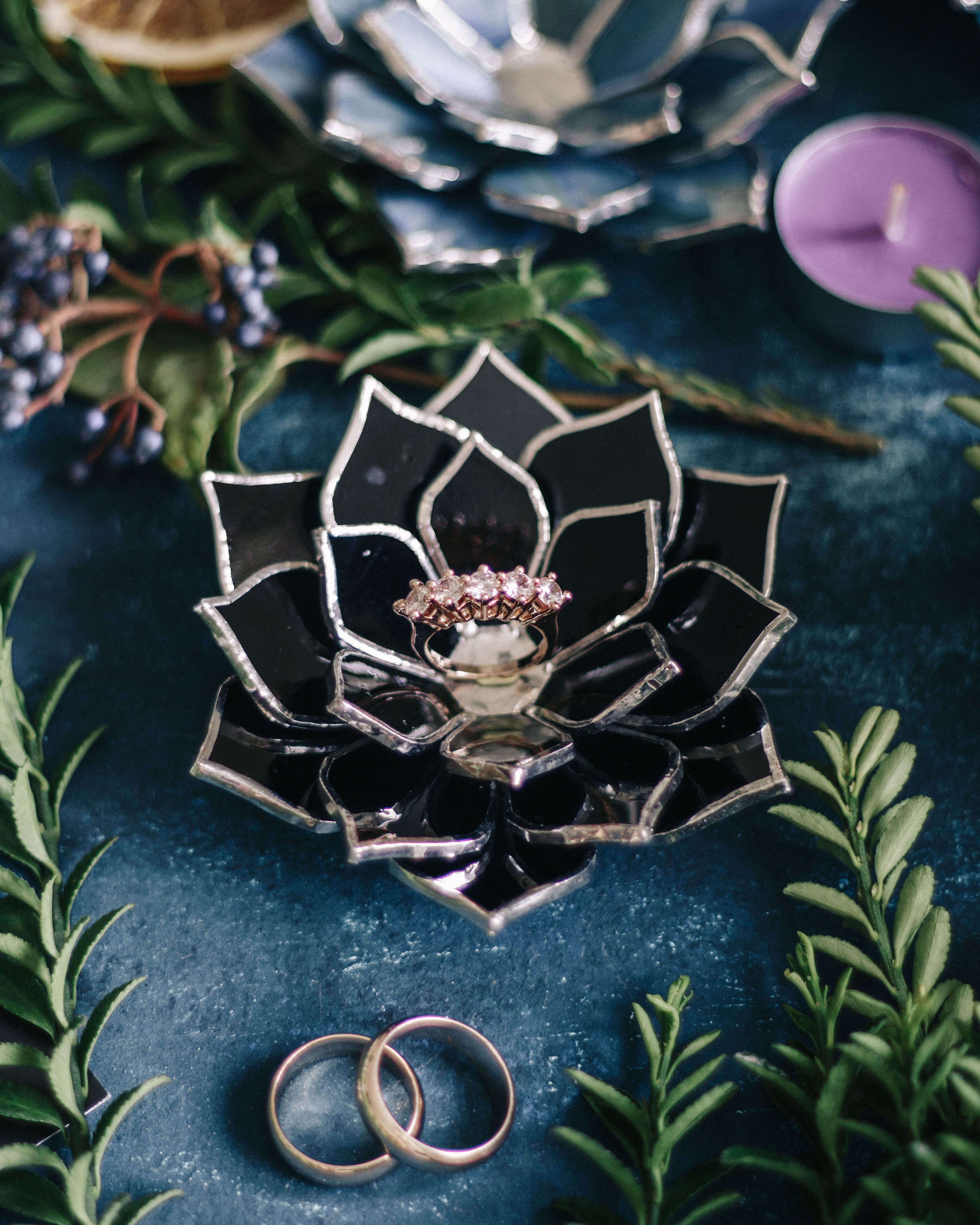 black succulent wedding ring dish
