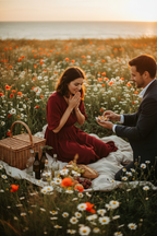 Cinematic cottagecore picnic proposal in wildflower meadow