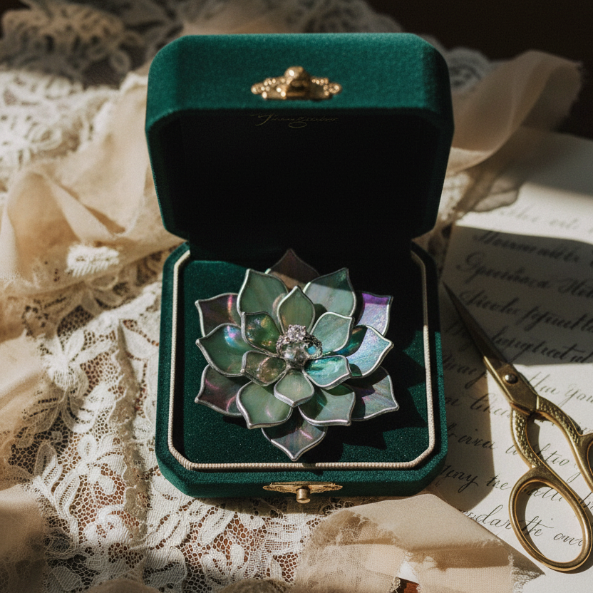 Iridescent ring dish in velvet jewelry box