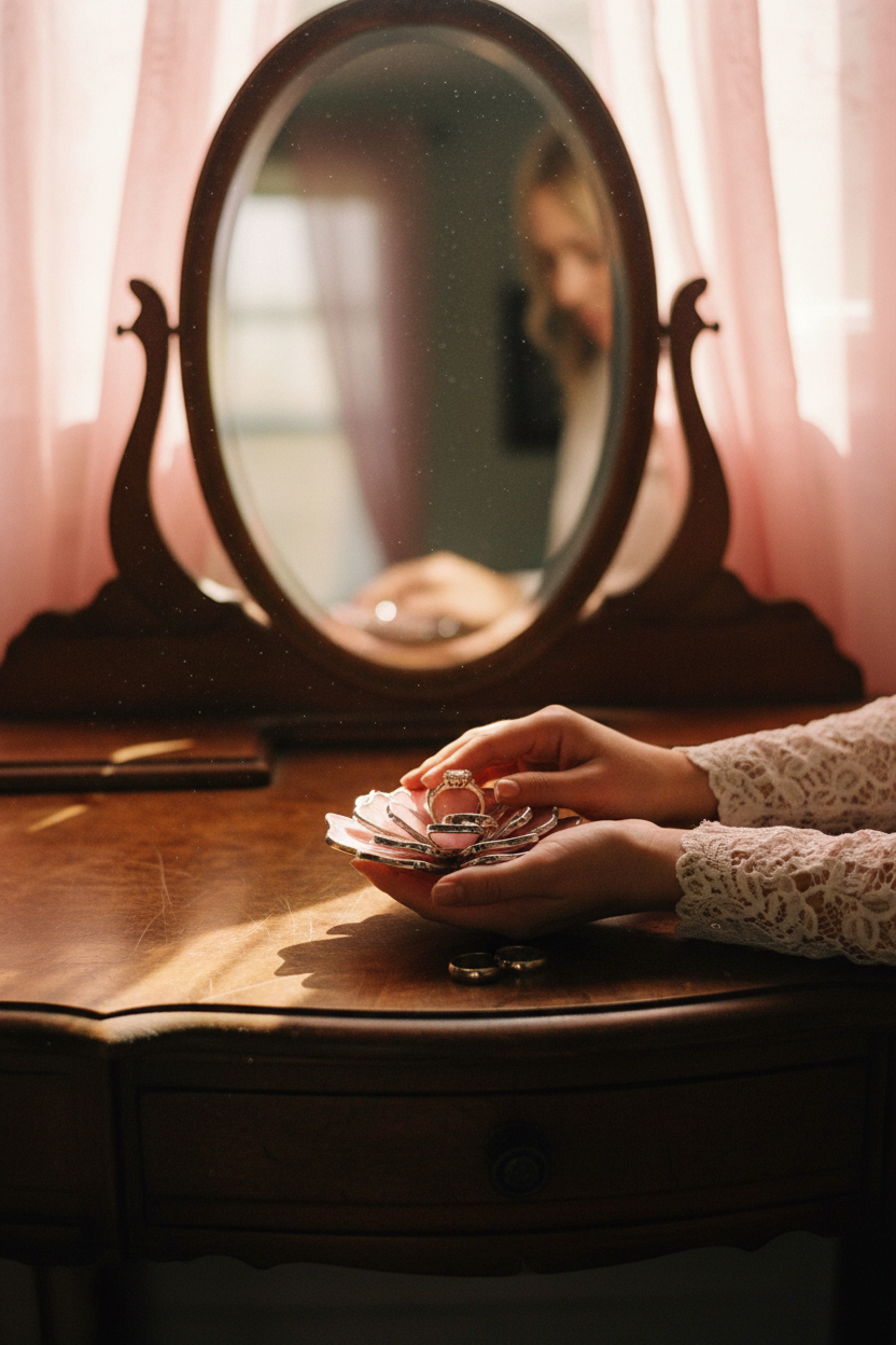 Mother passing glass lotus dish to daughter at vanity