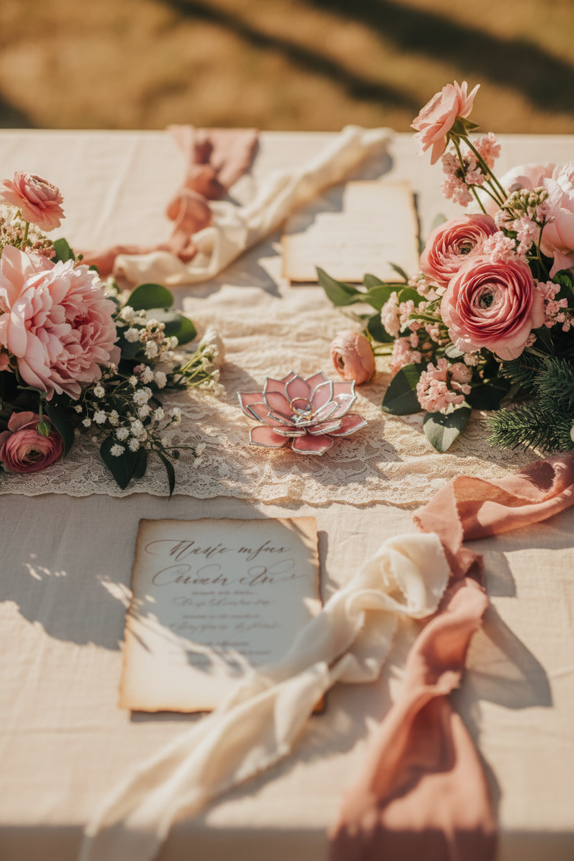 Outdoor wedding table with Sleeping Beauty ring dish