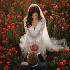 Overhead view with intricate vintage lace gown with long sleeves
