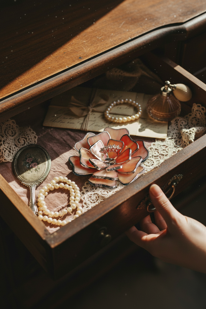 Pink quartz flower ring dish in antique vanity drawer