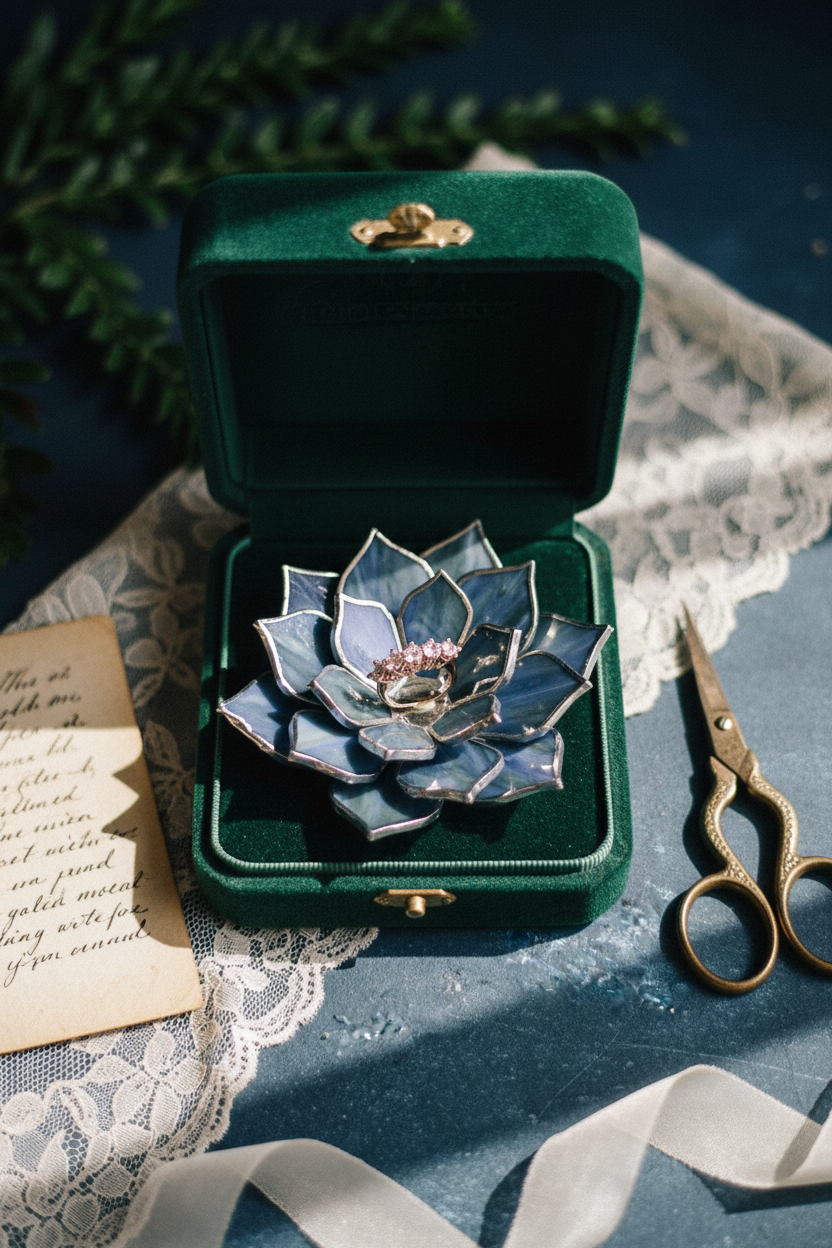 Succulent ring dish in velvet jewelry box