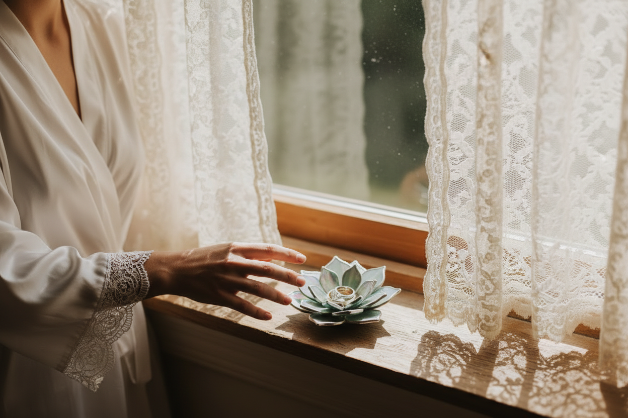 Vintage Bridal Window Scene with Bride