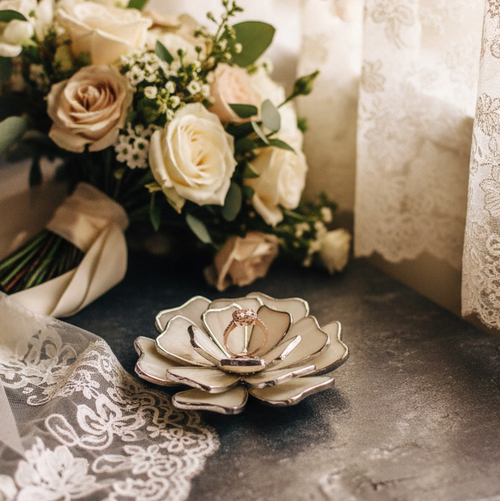 Warm cinematic pre-ceremony scene with lace curtains